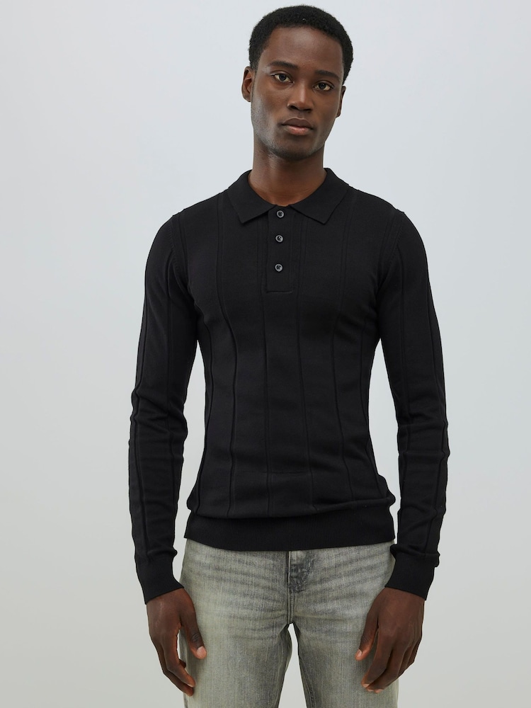 River Island Black Long Sleeve Viscose Ribbed Muscle Fit Polo Shirt - Image 1 of 4