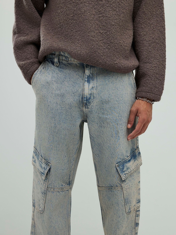 River Island Blue Loose Fit Washed Denim Cargo Jeans - Image 2 of 4 River Island Blue Loose Fit Washed Denim Cargo Jeans - Image 2 of 4