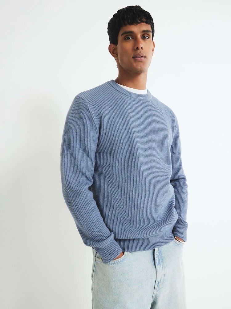 River Island Blue Slim Fit Ribbed Crew Neck Jumper - Image 2 of 4