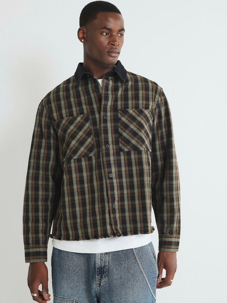 River Island Brown Oversized Fit Contrast Collar Check Over Shirt - Image 1 of 4