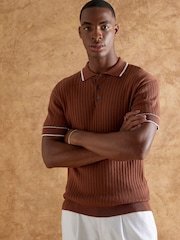 River Island Orange Short Sleeve Ribbed Slim Fit Polo Shirt - Image 1 of 4
