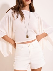 Lipsy White Eyelet Lace Up Detail Denim Shorts - Image 3 of 4