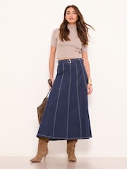 Lipsy Rinse Blue Denim Belted Fit And Flare Midi Skirt - Image 1 of 4