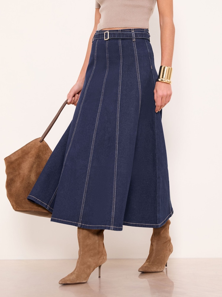 Lipsy Rinse Blue Denim Belted Fit And Flare Midi Skirt - Image 2 of 4