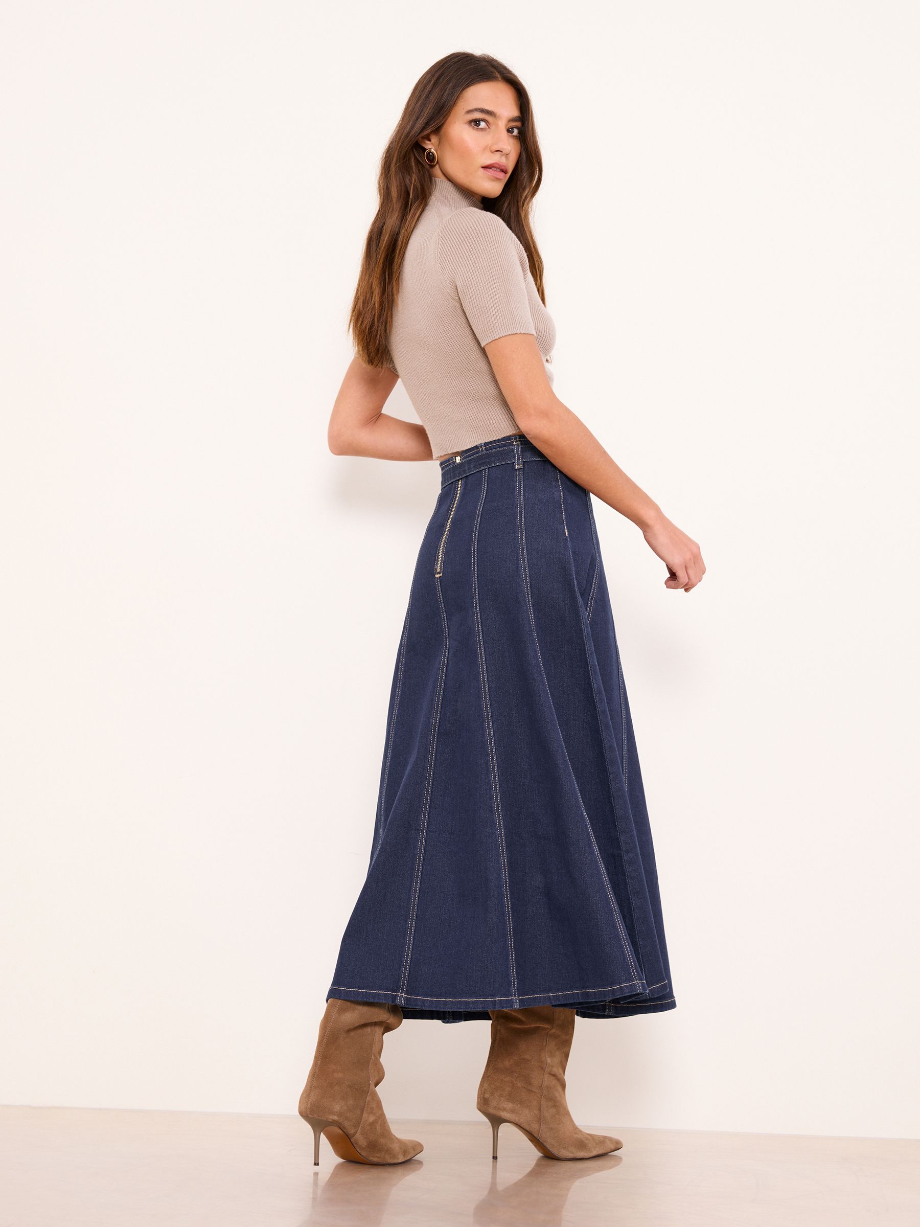Buy Lipsy Rinse Blue Denim Belted Fit And Flare Midi Skirt from