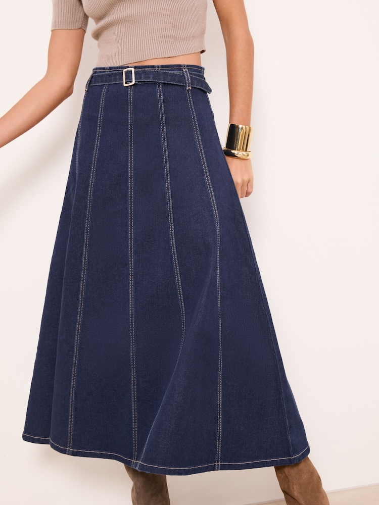 Lipsy Rinse Blue Denim Belted Fit And Flare Midi Skirt - Image 4 of 4