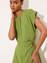 Lipsy Green Short Sleeve Metal Hardware Blouson Midi Dress - Image 2 of 5