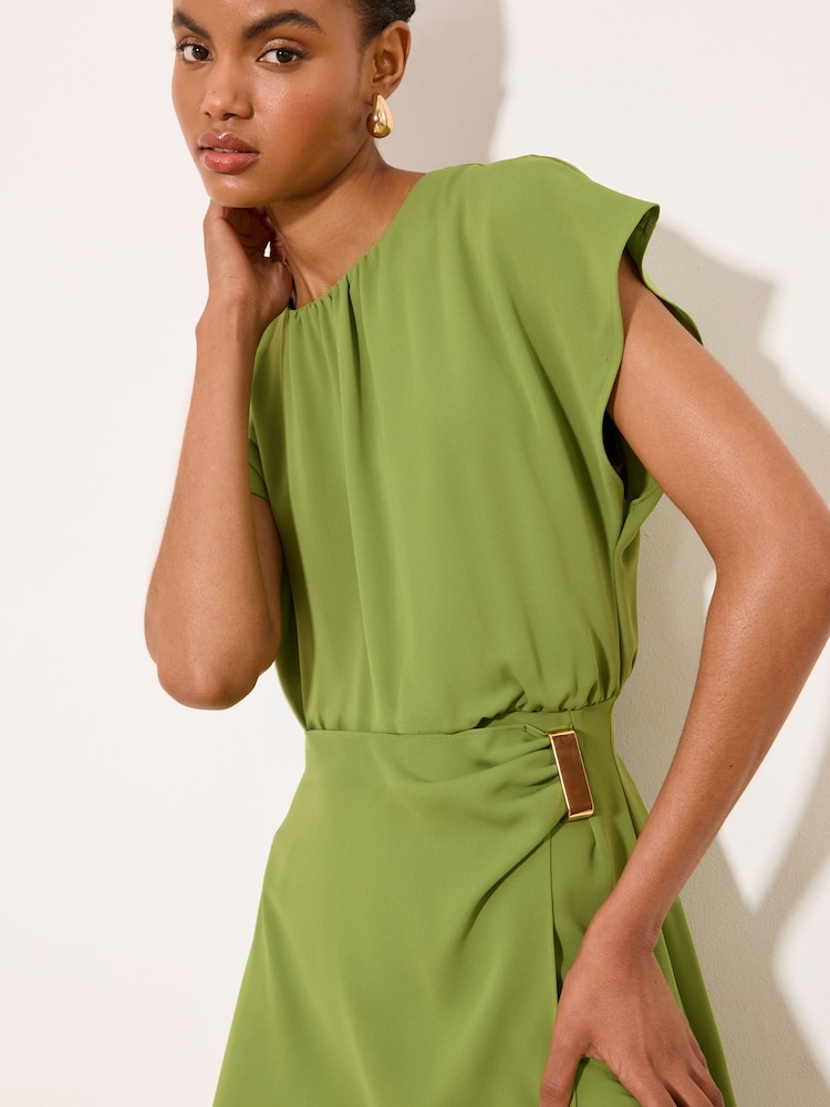 Lipsy Green Short Sleeve Metal Hardware Blouson Midi Dress - Image 2 of 5