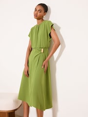 Lipsy Green Short Sleeve Metal Hardware Blouson Midi Dress - Image 3 of 5