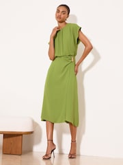 Lipsy Green Short Sleeve Metal Hardware Blouson Midi Dress - Image 4 of 5