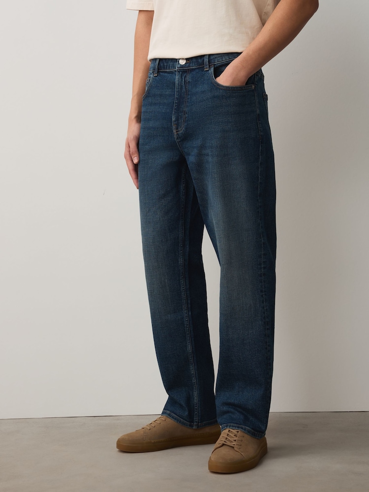Mid Blue Crosshatch Straight Fit Classic Stretch Jeans - Image 1 of 5