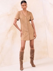 Lipsy Tan Brown Petite Faux Suede Whipstitch Detail Mini Dress - Image 1 of 4