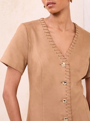 Lipsy Tan Brown Petite Faux Suede Whipstitch Detail Mini Dress - Image 3 of 4