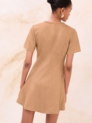 Lipsy Tan Brown Petite Faux Suede Whipstitch Detail Mini Dress - Image 4 of 4