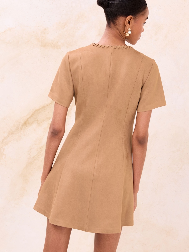 Lipsy Tan Brown Petite Faux Suede Whipstitch Detail Mini Dress - Image 4 of 4