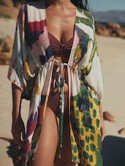 Bright Leopard Long Line Tie Waist Kaftan - Image 4 of 7