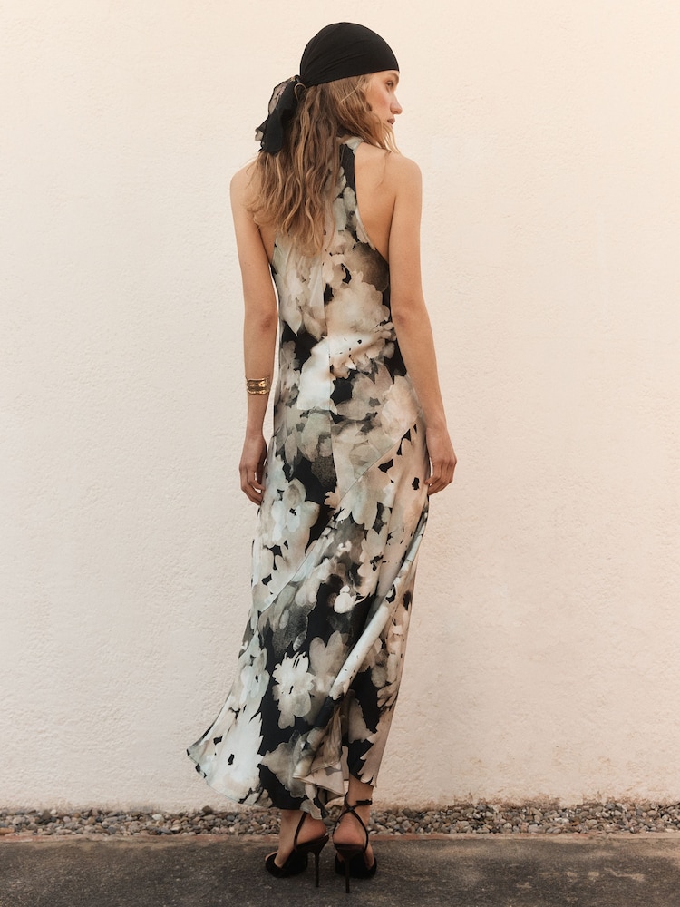 Womens BHOEM Grey Floral Print Satin Halter Midi Sleeveless Dress US 4 Womens BHOEM Grey Floral Print Satin Halter Midi Sleeveless Dress US 4