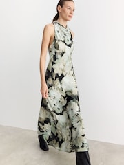 BHOEM Grey Floral Print Satin Halter Midi Sleeveless Dress - Image 7 of 9