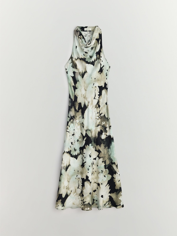 BHOEM Grey Floral Print Satin Halter Midi Sleeveless Dress - Image 9 of 9