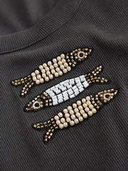 Grey Fish Beaded Ribbed Scoop Neck Vest Top - Image 2 of 3