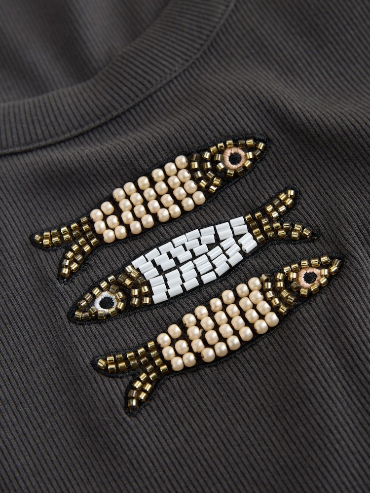 Grey Fish Beaded Ribbed Scoop Neck Vest Top - Image 2 of 3