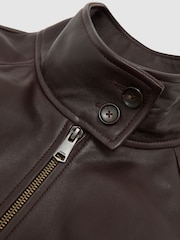 Reiss Chocolate Brown Eloise Leather Funnel-Neck Bomber Jacket - Image 7 of 7