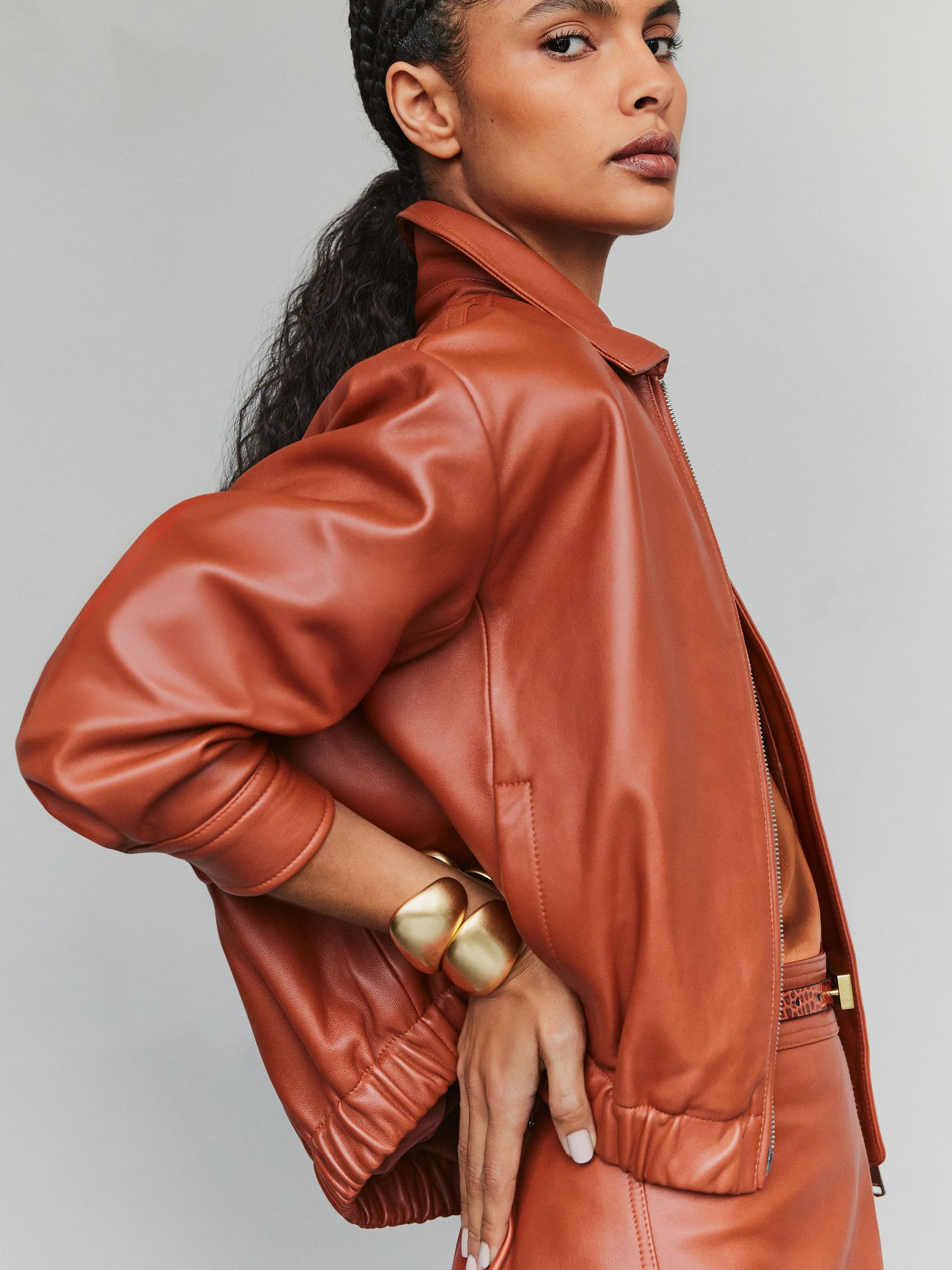 Reiss Tan Leather Cropped Bomber Jacket
