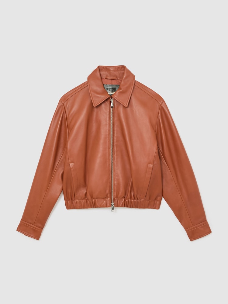 Reiss Tan Lottie Leather Cropped Bomber Jacket - Image 2 of 7 Reiss Tan Lottie Leather Cropped Bomber Jacket - Image 2 of 7