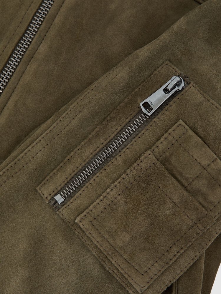 Reiss Khaki Green Tate Suede Zip-Through Jacket - Image 6 of 6 Reiss Khaki Green Tate Suede Zip-Through Jacket - Image 6 of 6