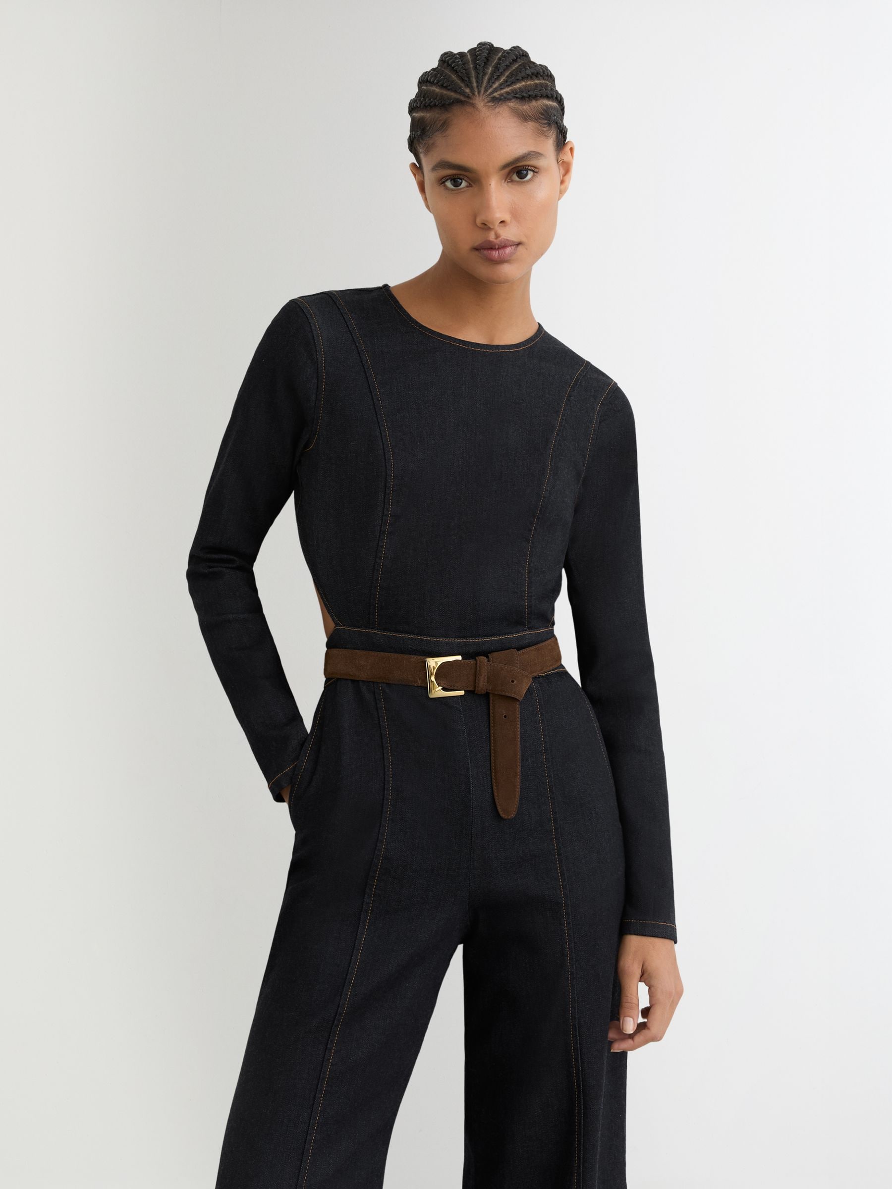 Buy Reiss Indigo Blue Sanata Wide-Leg Open-Back Denim Jumpsuit