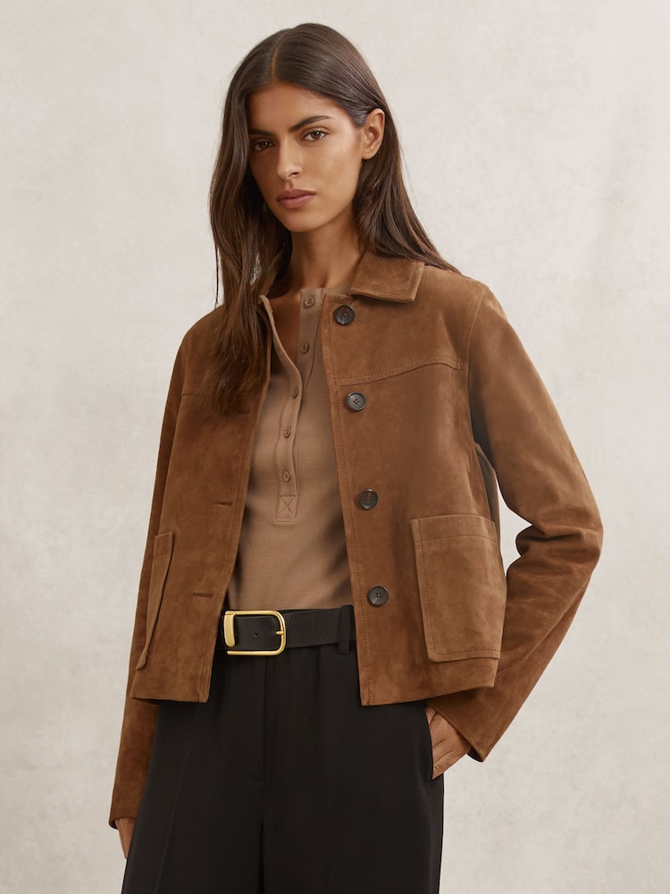 Reiss Tan Miller Suede Patch-Pocket Jacket - Image 1 of 6 Reiss Tan Miller Suede Patch-Pocket Jacket - Image 1 of 6