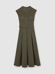 Reiss Khaki Green Ava Mesh-Panel Belted Pleated Midi Dress - Image 2 of 7