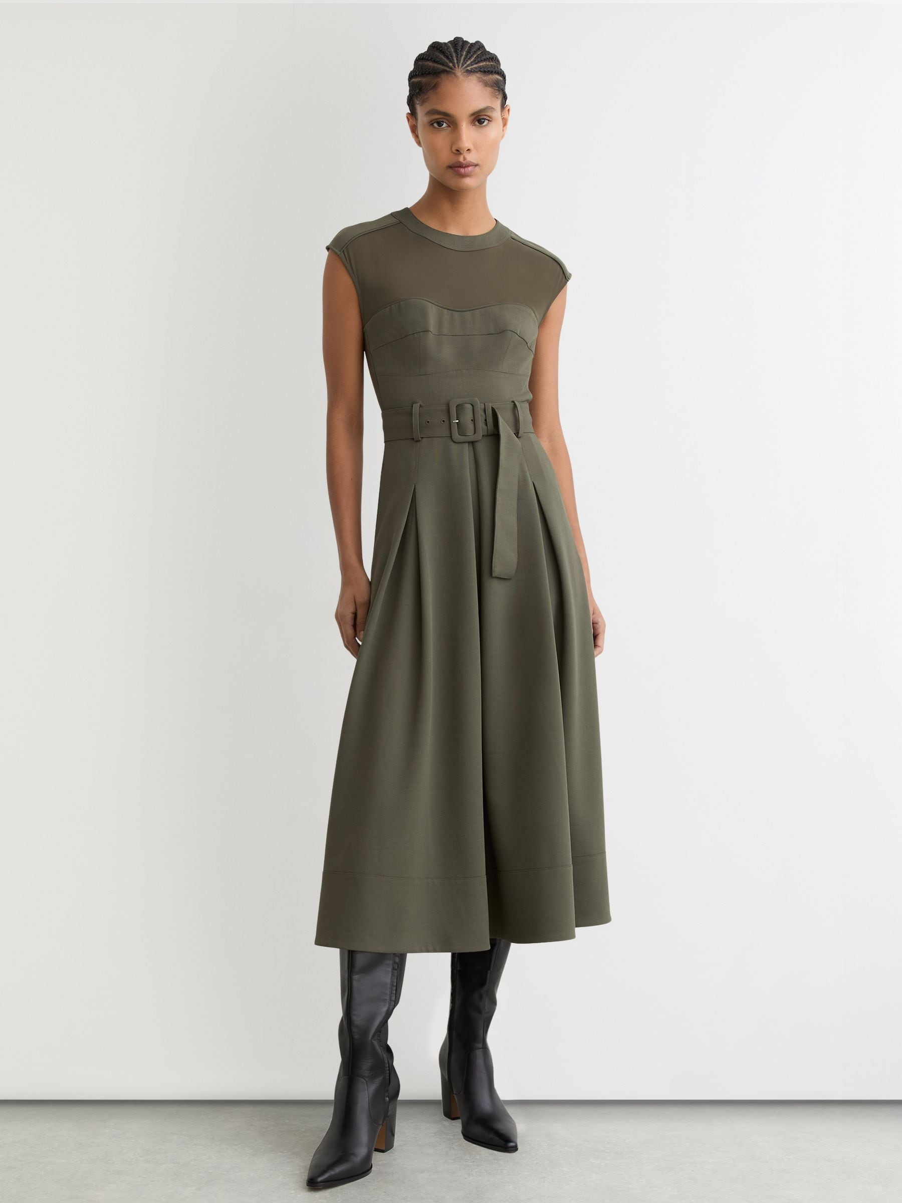 Buy Reiss Khaki Green Ava Mesh-Panel Belted Pleated Midi Dress
