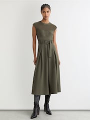 Reiss Khaki Green Ava Mesh-Panel Belted Pleated Midi Dress - Image 3 of 7