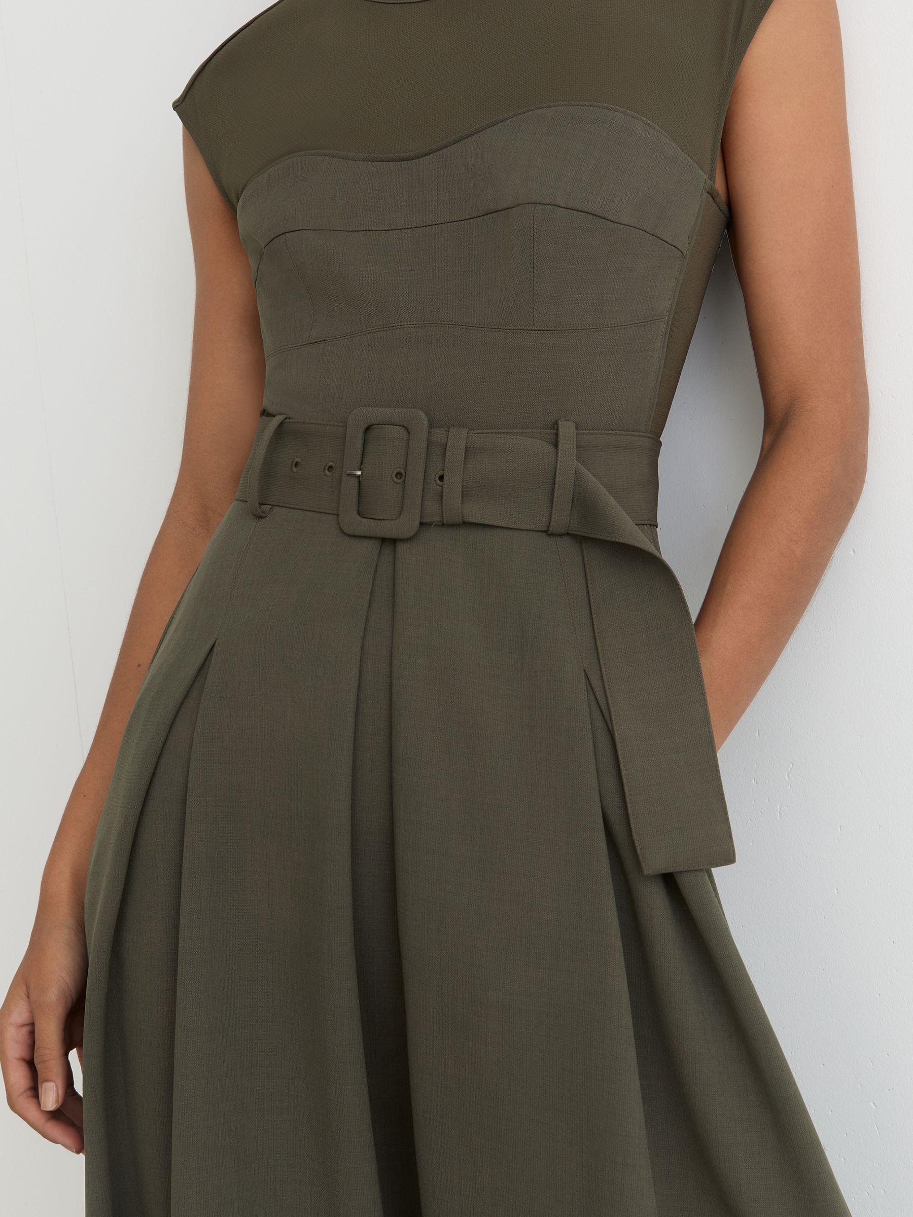 Buy Reiss Khaki Green Ava Mesh-Panel Belted Pleated Midi Dress