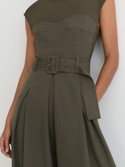 Reiss Khaki Green Ava Mesh-Panel Belted Pleated Midi Dress - Image 4 of 7