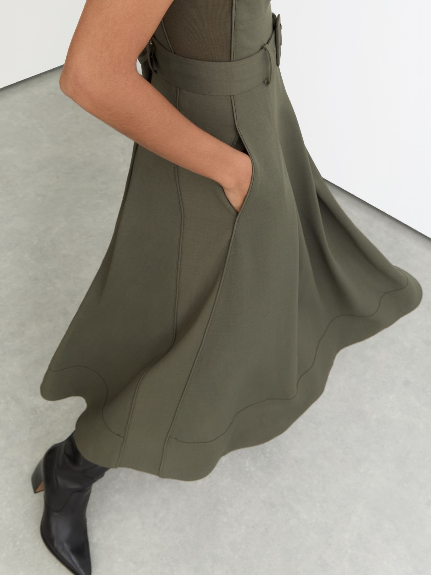 Buy Reiss Khaki Green Ava Mesh-Panel Belted Pleated Midi Dress