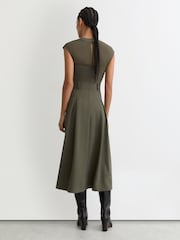 Reiss Khaki Green Ava Mesh-Panel Belted Pleated Midi Dress - Image 6 of 7