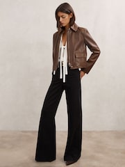 Reiss Mocha Brown Drew Collared Leather Jacket - Image 3 of 6