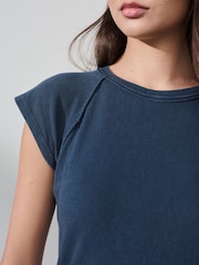 Washed Blue Raw Seam Detail Short Capped Sleeve T-Shirt - Image 4 of 7