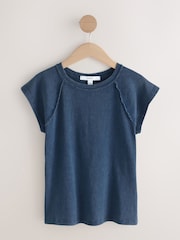 Washed Blue Raw Seam Detail Short Capped Sleeve T-Shirt - Image 5 of 7