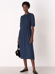 Whistles Blue Jersey Shirred Midi Dress - Image 2 of 4