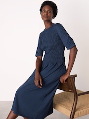 Whistles Blue Jersey Shirred Midi Dress - Image 3 of 4