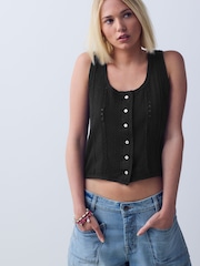 Black Pintuck Button Through Sleeveless Top - Image 4 of 7