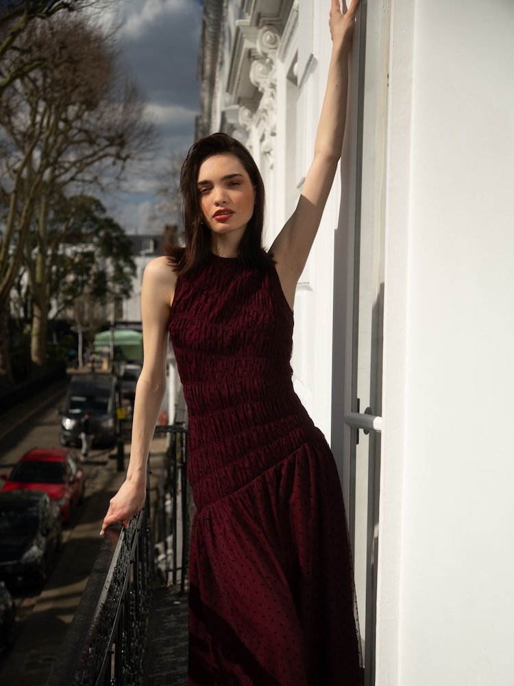 Amy Lynn Red Julia Polka Dot Shirred Mesh Sleeveless Midaxi Dress - Image 2 of 9