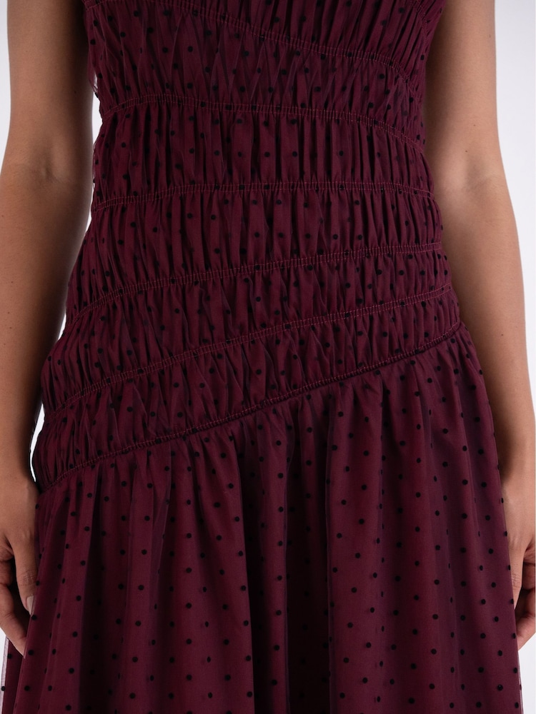Amy Lynn Red Julia Polka Dot Shirred Mesh Sleeveless Midaxi Dress - Image 9 of 9