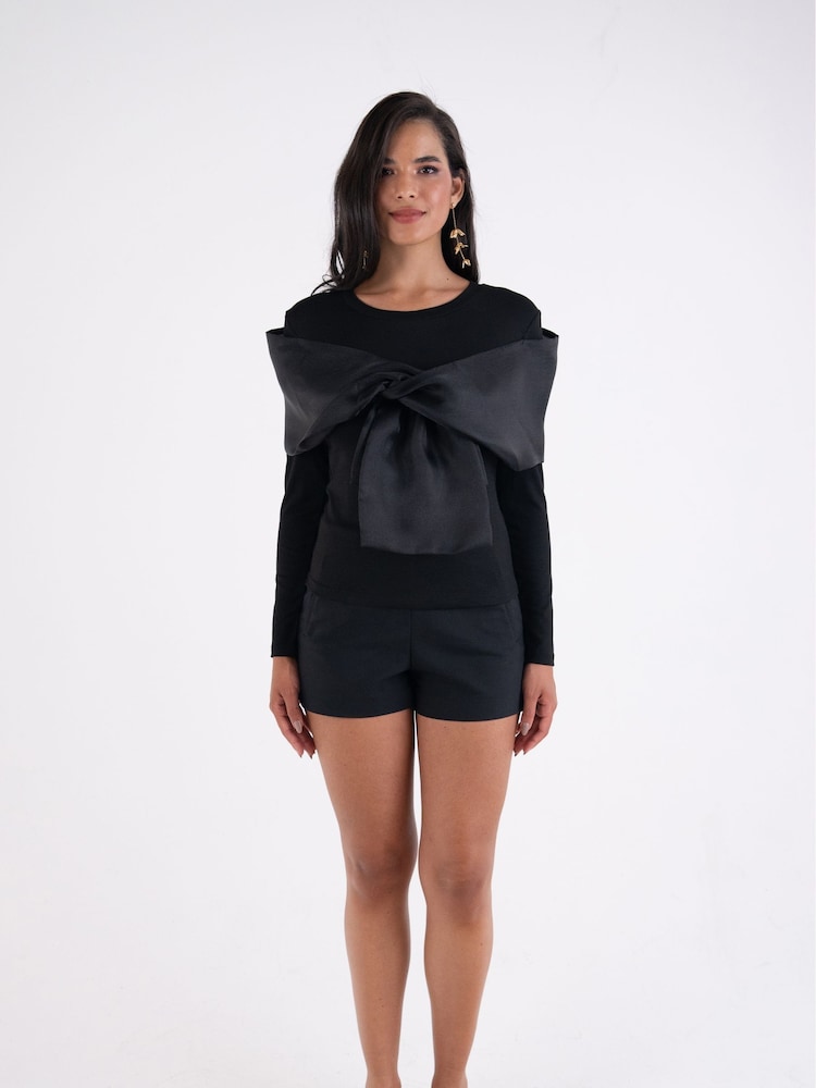 Amy Lynn Black Helena Viscose Jersey Top with Organza Bow - Image 1 of 5 Amy Lynn Black Helena Viscose Jersey Top with Organza Bow - Image 1 of 5