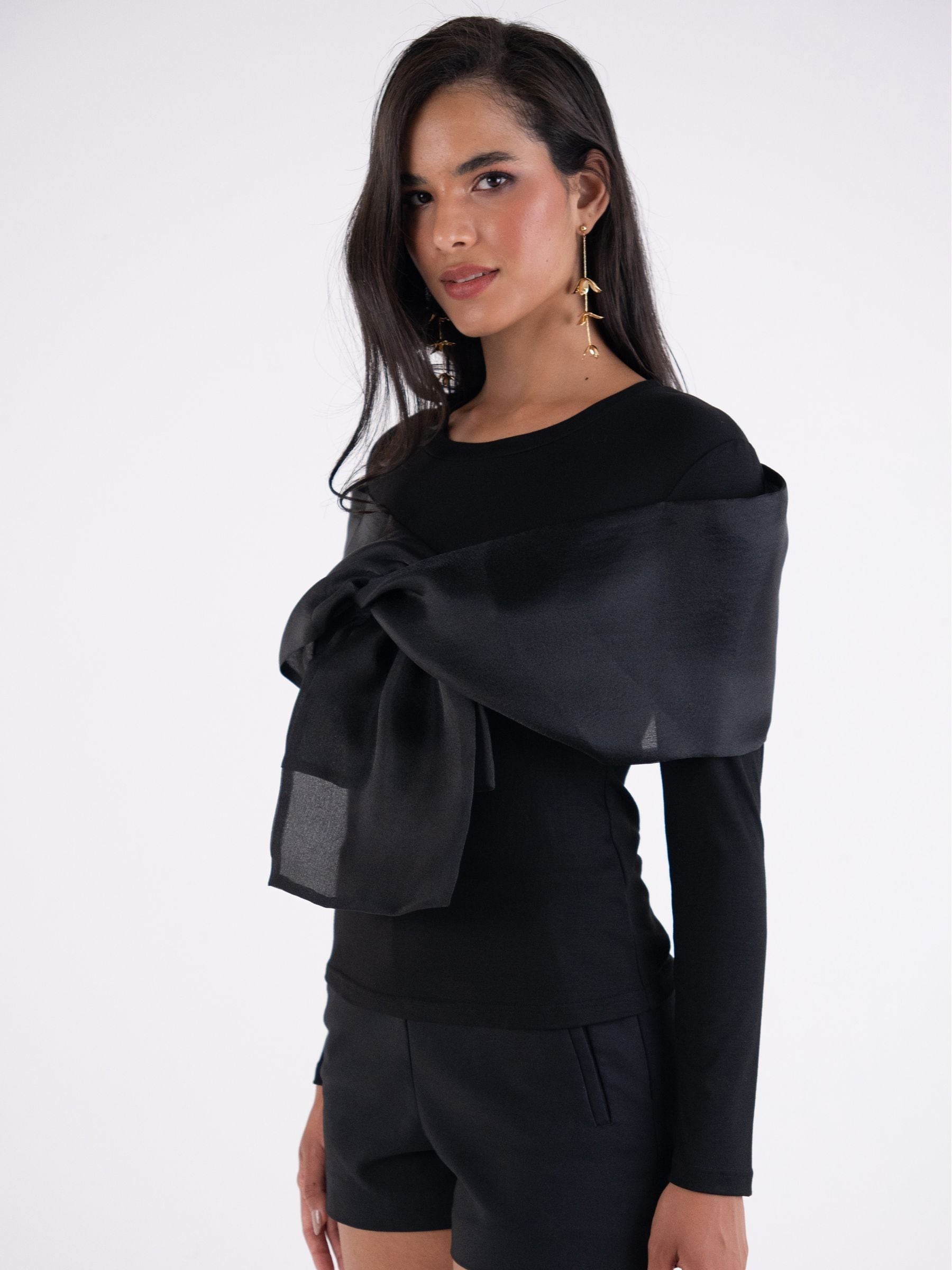 Buy Amy Lynn Black Helena Viscose Jersey Top with Organza Bow from