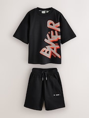 Baker by Ted Baker Oversized Graphic Black T-Shirt and Shorts Set - Imaginea 1 din 6