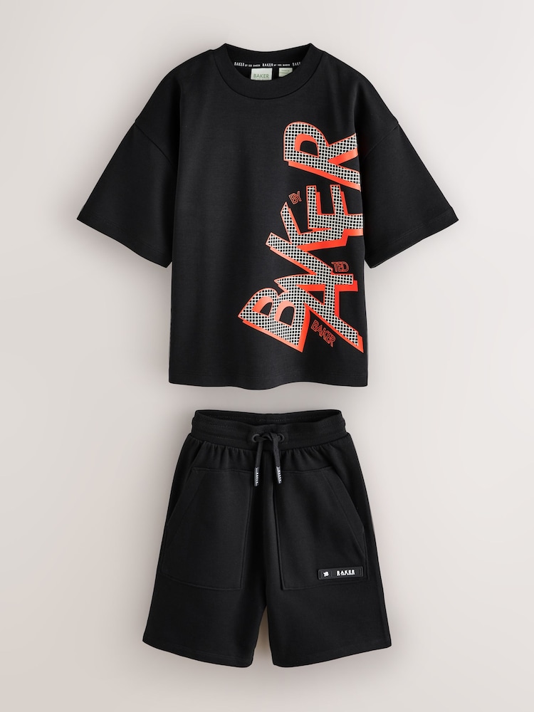 Baker by Ted Baker Oversized Graphic Black T-Shirt and Shorts Set - Imaginea 1 din 6